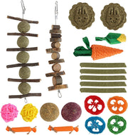 Natural Rabbit Toys Boredom Breaker 21-piece Set, Chew and Activity Toys for Rabbits Hamsters Guinea Pigs, Wooden and Straw Small Animal Tools for Teeth Grinding Play Enrichment Daily Exercise