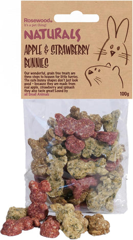 Rosewood Naturals Apple & Strawberry Bunnies, Small Animal Treats for Rabbits, Guinea Pigs, Chinchillas, Degus, Hamsters, Gerbils, Mice and Rats, 100g
