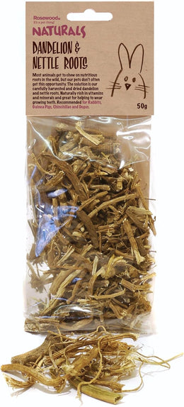Rosewood Naturals Dandelion & Nettle Roots, Small Animal Treat and Gnaw for Rabbits, Guinea Pigs, Chinchillas, Degus, Hamsters, Gerbils, Mice and Rats, 50g