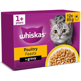 WHISKAS Adult Wet Cat Food in Gravy 12x85g Poultry Feasts (Pack of 4)