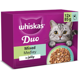 WHISKAS DUO Adult Wet Cat Food in Jelly 12x85g Mixed Medley (Pack of 4)