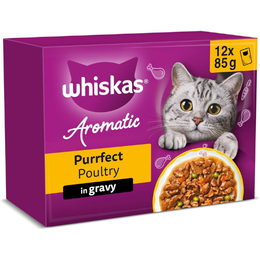 WHISKAS AROMATIC Adult Wet Cat Food in Gravy 12x85g Purrfect Poultry (Pack of 4)