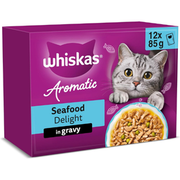 WHISKAS AROMATIC Adult Wet Cat Food in Gravy 12x85g Seafood Delight (Pack of 4)