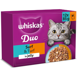 WHISKAS DUO Adult Wet Cat Food in Jelly 12x85g Surf & Turf (Pack of 4)
