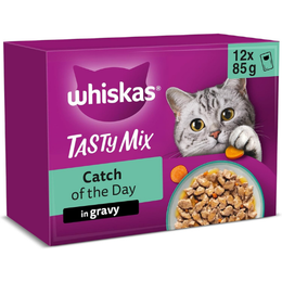 WHISKAS TASTY MIX Adult Wet Cat Food in Gravy 12x85g Catch Of The Day (Pack of 4)