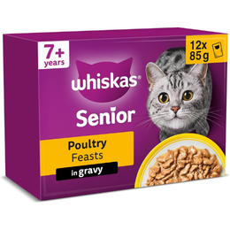 WHISKAS Senior 7+ Wet Cat Food in Gravy 12x85g Poultry Feasts (Pack of 4)