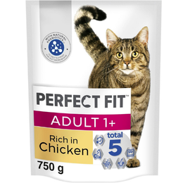 Perfect Fit Adult 1+ Complete Dry Cat Food for Adult Cats Aged 1+ Years, Rich in Chicken, 4 Bags (750 g)
