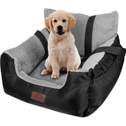 GoFirst Dog Car Seats for Small Dogs or Cats, Pet Booster Seat Travel Bed with Storage Pocket and Clip-On Safety Leash, Waterproof Warm Plush Dog Car Safety Seats,Black