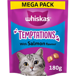 WHISKAS Temptations - Tasty, Crunchy Treats for Adult Cats, Small Bite Size Snacks with a Delicious Salmon Flavour Filling, 4x180 g Packets - Pack May Vary