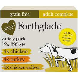 Forthglade Wet Dog Food Variety Pack (12 x 395g Trays) - Grain Free & Hypoallergenic Dog Food, Adult 1 Year+, Chicken, Chicken with Liver & Turkey, Vegetables, Stomach Sensitive, Natural Ingredients