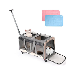 Double-Compartment Rolling Cat Carrier with Wheels for 2 Cats, Foldable Pet Carrier with Wheels for 2 Small Cats and Dogs, Fully Breathable, Perfect for Traveling/Hiking/Camping/Veterinary Visits