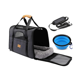 Morpilot Cat Carrier - Airline Approved, Top Opening Portable Dog Bag with Breathable Mesh/Removable Mat, Adjustable Shoulder Strap & Bowl, Foldable Travel Cage, M, Grey (Max 7kg)