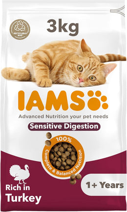 IAMS Sensitive Digestion Complete Dry Cat Food Turkey 3kg - With Prebiotics
